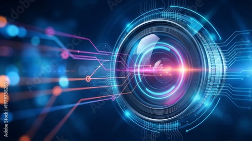 Futuristic Camera Lens with Glowing Digital Circuitry Interface