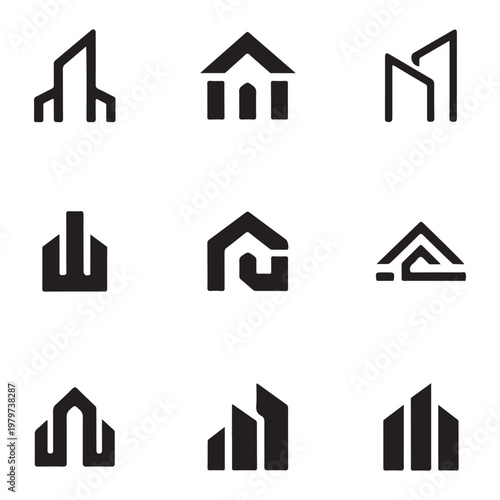 Set of nine black house and building logo designs