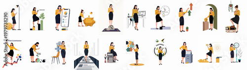 Collection of illustrations featuring a businesswoman managing finances, personal investments, savings, retirement funds, and wealth through mobile apps and traditional banking methods.