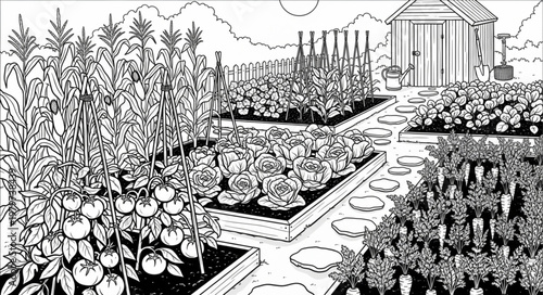 Vegetable garden with various plant types.