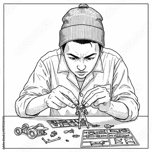 Man assembling model kit pieces carefully.