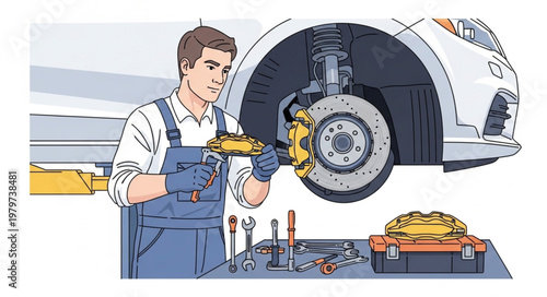 Mechanic changing car brake.