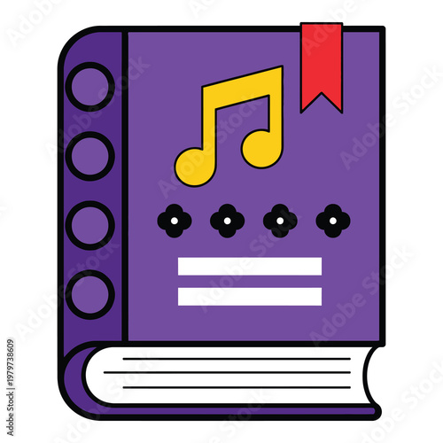Purple music book with yellow musical note and red bookmark  songbook with flower pattern icon
