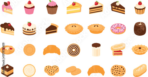 Bakery Dessert And Sweet Treat Vector Set Featuring Chocolate Cakes Cupcakes Fruit Pies Glazed Donuts Cookies And Pastries For Cafe Menus Patisserie Branding And Celebration Graphic Designs