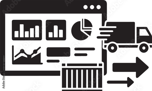 Vector illustration of a smartphone screen displaying business data being transferred to a truck, symbolizing logistics and data analysis