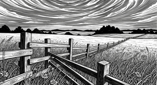 Wooden Fence in a Rural Landscape.