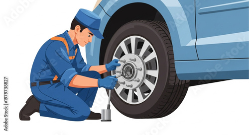 Mechanic changing car tire.