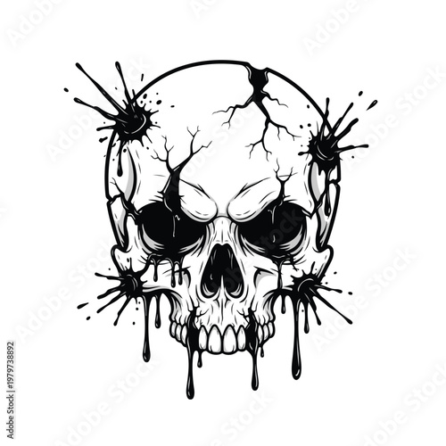 A cracked and menacing skull with dripping liquid and bullet hole splatters, rendered in a bold black and white graphic style against a stark background