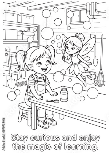 coloring book page girl staying curious and enjoying the magic of learning with bubbles and a fairy