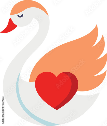 Elegant swan with orange wing and red heart vector icon design