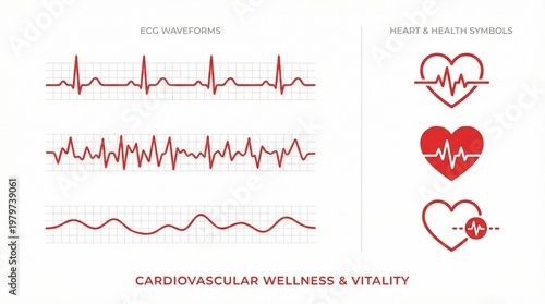 Medical graphic with ECG patterns and heart icons labeled “Cardiovascular Health & Vitality,” symbolizing heart rhythm, wellness, and vitality.