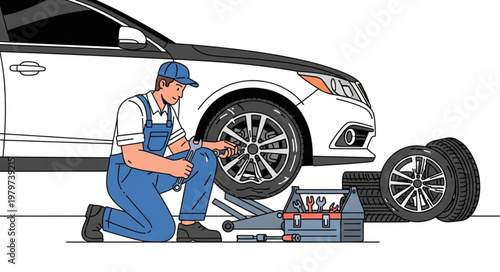 Mechanic changing car tire with tools and spare tires.