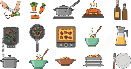 Culinary Preparation And Home Cooking Vector Set Featuring Chef Hands Peeling Vegetables Frying Pans Baking Trays And Gourmet Plated Meals For Recipe Blogs Dining And Restaurant Graphic Designs