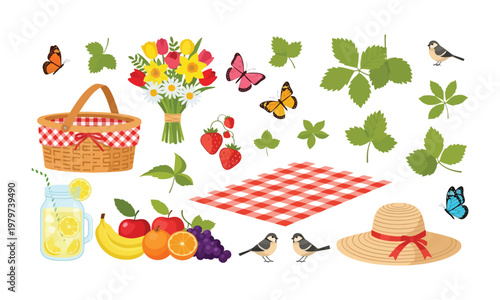colorful picnic setup with food, flowers, and garden elements