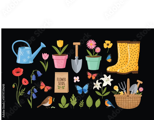 Vibrant gardening tools and flowers on black background