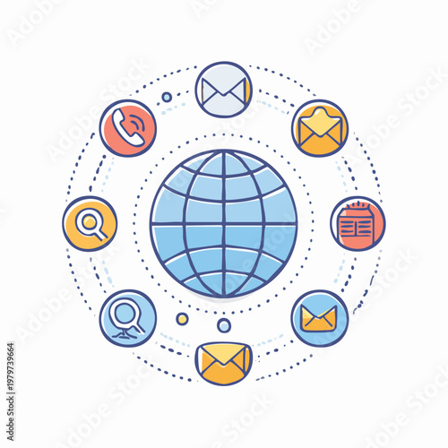 Global communication network with various icons around the world.