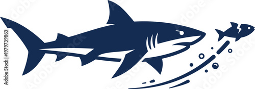 Aggressive shark catching a small fish with bubble trail vector can Editable