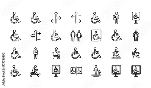 Pixel Perfect Accessibility and Disability Icon Set with Wheelchair and Mobility Support Symbols