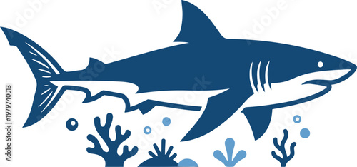 Blue shark silhouette swimming above coral reef floor vector can Editable