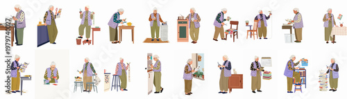 Set of vector illustrations showing an elderly woman organizing her household by cutting and sorting discount coupons from newspapers and magazines.