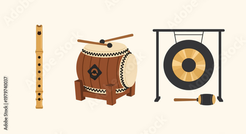 Musical instruments on a table setting.