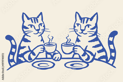 Cats drinking coffee naive doodle vector illustration