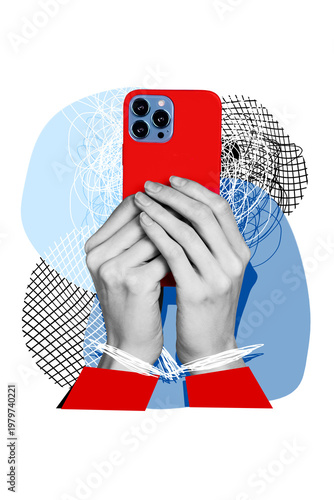 Foto Composite collage picture image of hands hold device telephone handcuff prisoner