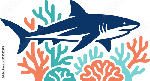 Dark blue shark swimming through a colorful coral reef vector can Editable