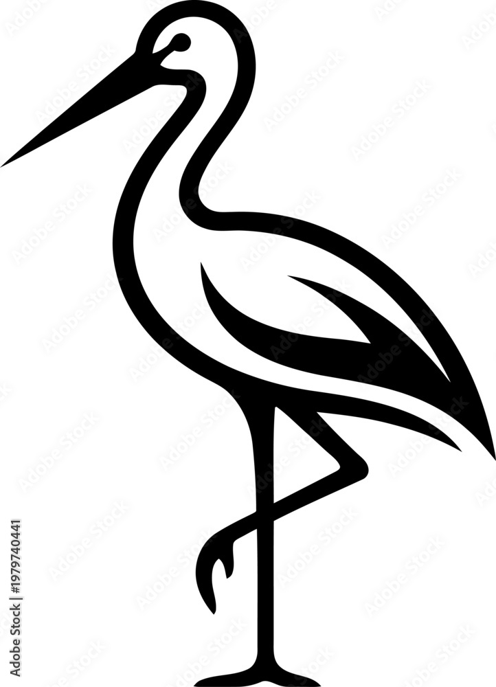 Fototapeta premium Elegant stork silhouette standing on one leg vector can Editable