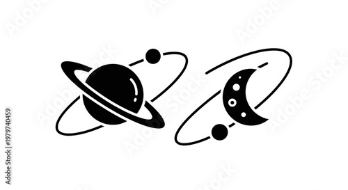 Black Planet and Moon Space Icons.
