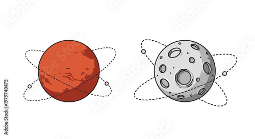 Planets with orbiting satellites in space.