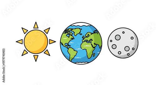 Sun Earth and Moon in Space.
