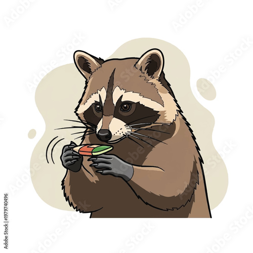 Raccoon eating colorful food happily.