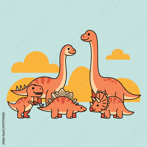 Cartoon dinosaurs family standing together.