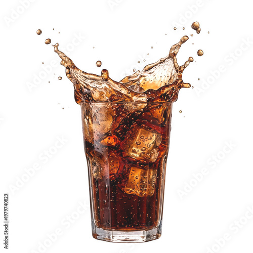 Cola drink splash isolated PNG with transparent background glass with ice cubes refreshing soda
