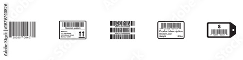 Barcode labels and codes icon set. Barcode labels and codes collection in black. Various retail and product scanning barcodes. Vector Illustration. EPS 10