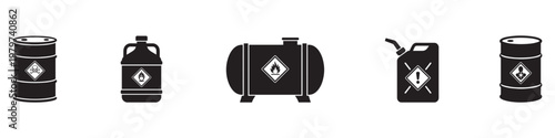 Hazard chemical containers collection icon. Hazard chemical barrels and containers collection. Toxic, flammable and radioactive warning symbols on tanks. Vector Illustration. EPS 10