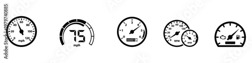 Speedometer gauges icon set. Speedometer gauges collection. Minimalistic dashboard speedometers and tachometers with various needle positions for performance and measurement. Vector Illustration. EPS 