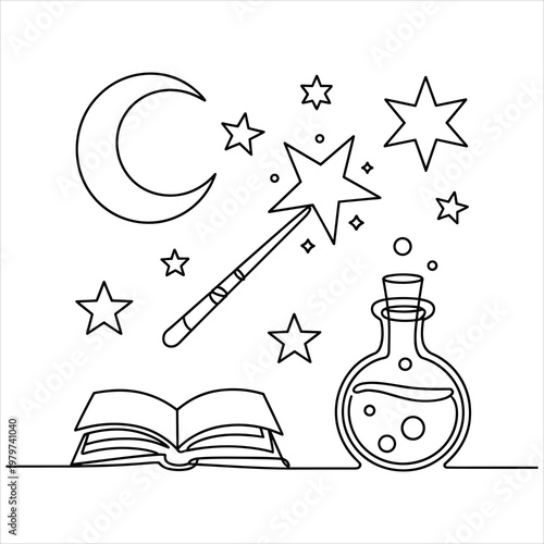 Magic wand, open spellbook, and potion bottle with moon and stars