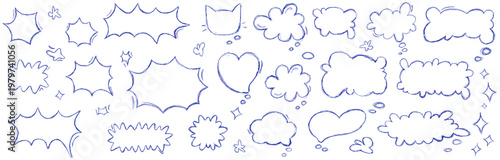 Hand drawn speech bubble set in doodle sketch style. Comic dialog, starburst balloons, cloud, frames scribble pen playful forms. Isolated Vector mimicking ballpen squiggles on transparent background