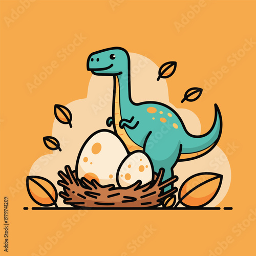 Cute Dinosaur Standing By Eggs Nest.