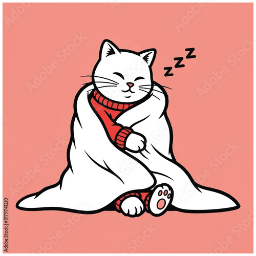 Sleeping White Cat in Red Scarf.