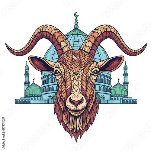 Photos Goat head with long horns illustration.