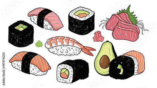 Assorted sushi and sashimi on black background illustration