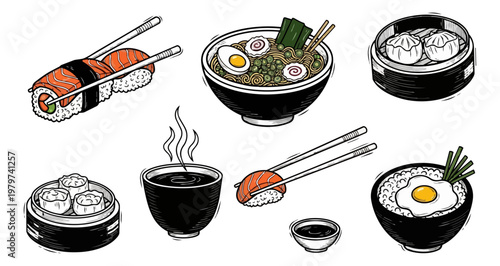 Assortment of asian cuisine dishes and bowls on black background