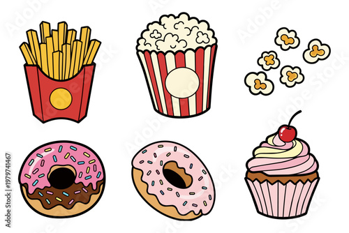 Cartoon food collection french fries popcorn donuts and cupcake