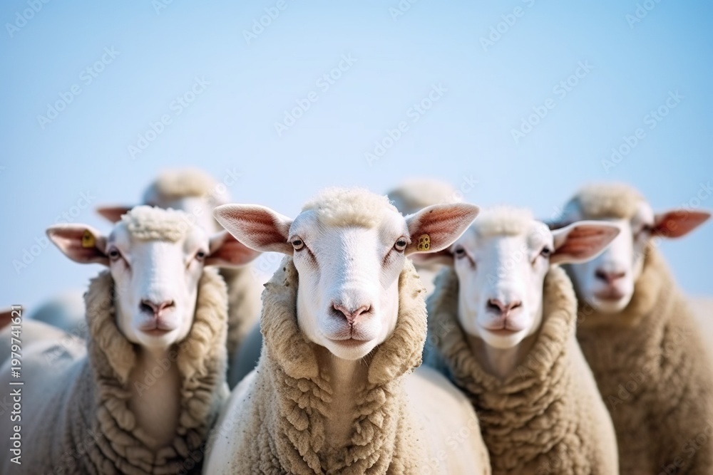Fototapeta premium Flock of Sheep in Pasture – Rural Farm Animals Grazing Outdoors