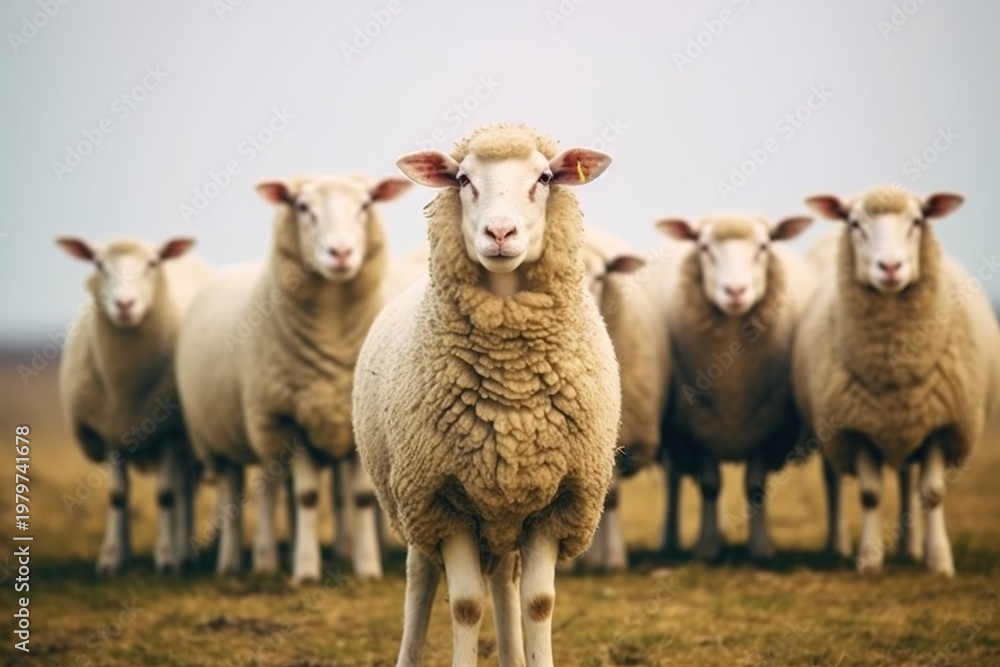Fototapeta premium Flock of Sheep in Pasture – Rural Farm Animals Grazing Outdoors