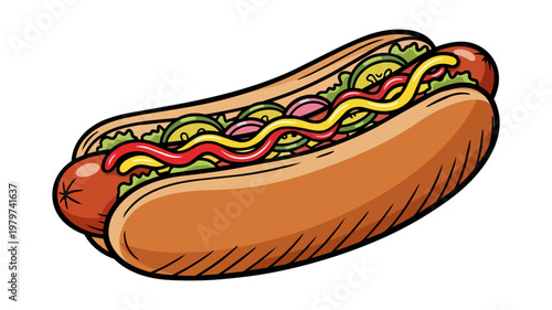 Delicious hot dog with mustard ketchup and fresh vegetables illustration