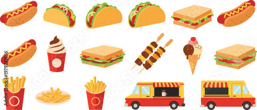 Картината върху платно Fast Food And Street Snack Vector Set Featuring Hot Dogs Tacos Sandwiches French